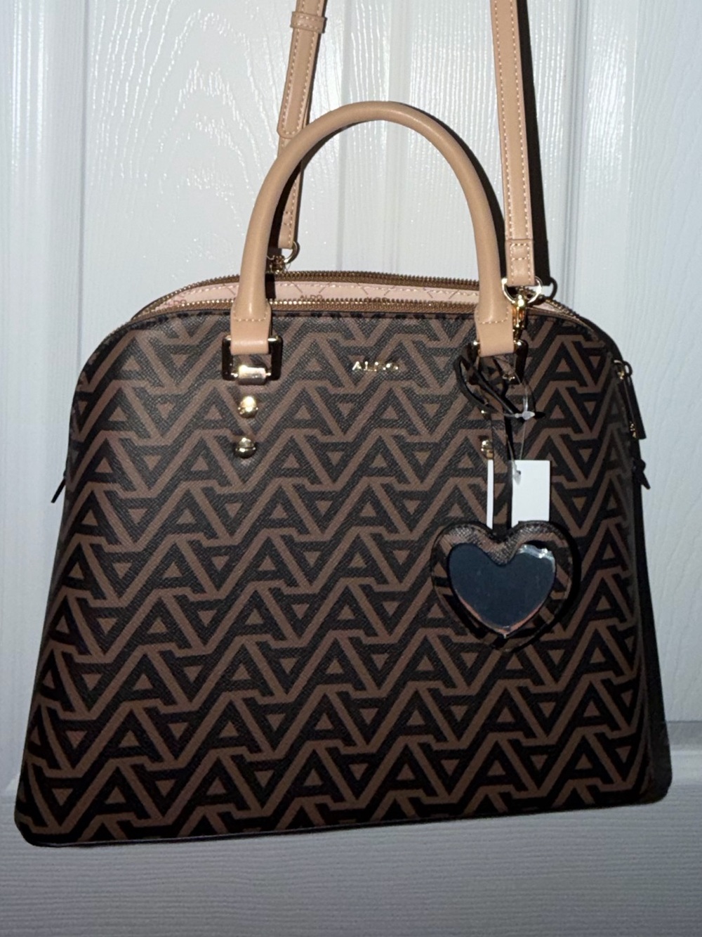 Aldo Brown Patterned Dome Satchel with Tan Handles